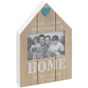 מסגרת תמונה מעץ בצבע טבעי בצורת בית עם כיתוב HOME לבן, מתנה לעובדים